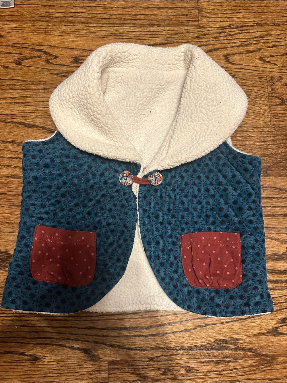 Matilda Jane Teal Floral Sherpa-Lined Vest with Red Pockets